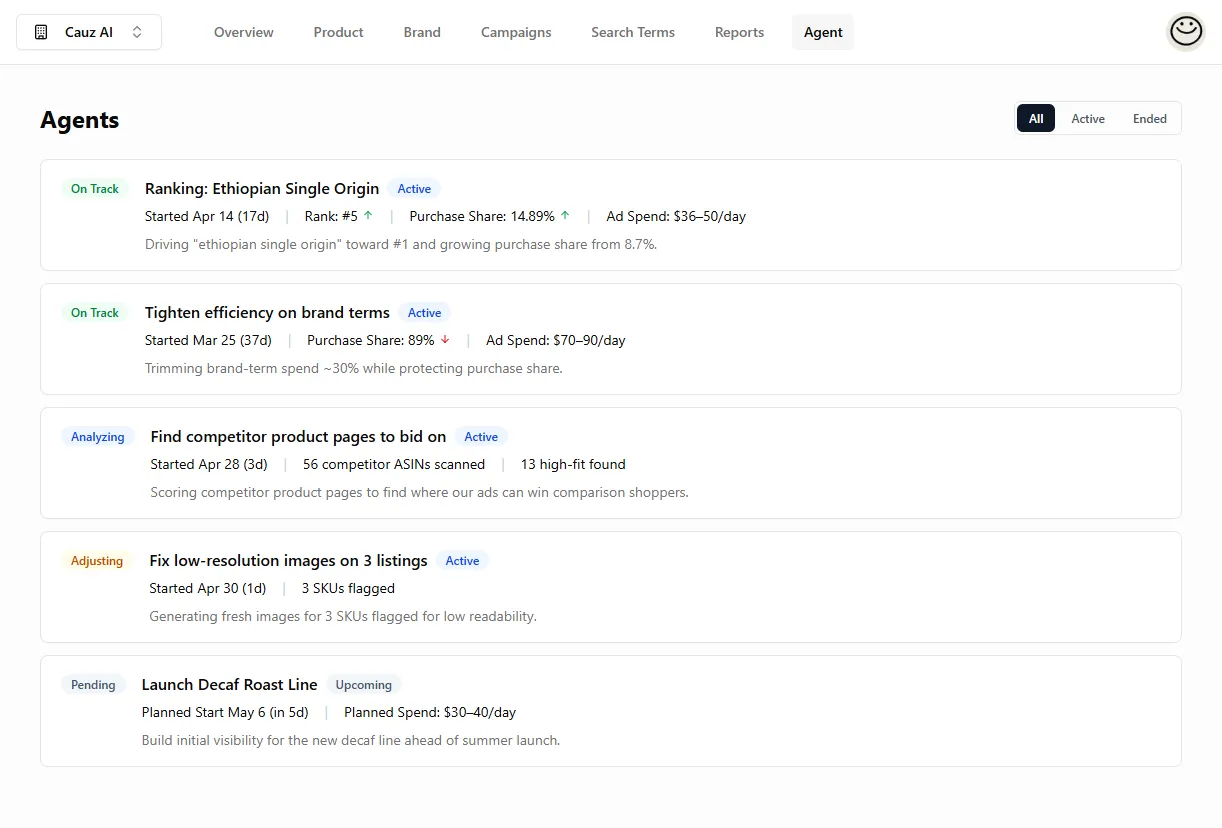Cauz AI dashboard showing active agent experiments across ranking, brand efficiency, and listing fixes